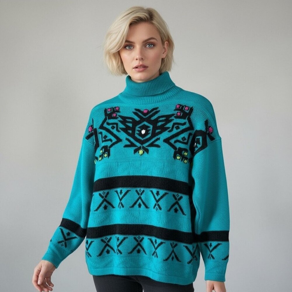 Vintage 80's Gitano Turquoise Embroidered Turtleneck Sweater Southwestern Small